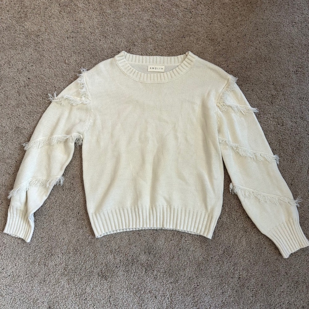 Amoli Fringe‎ Trim Sweater Pullover Knit Long Sleeve Cream S/M